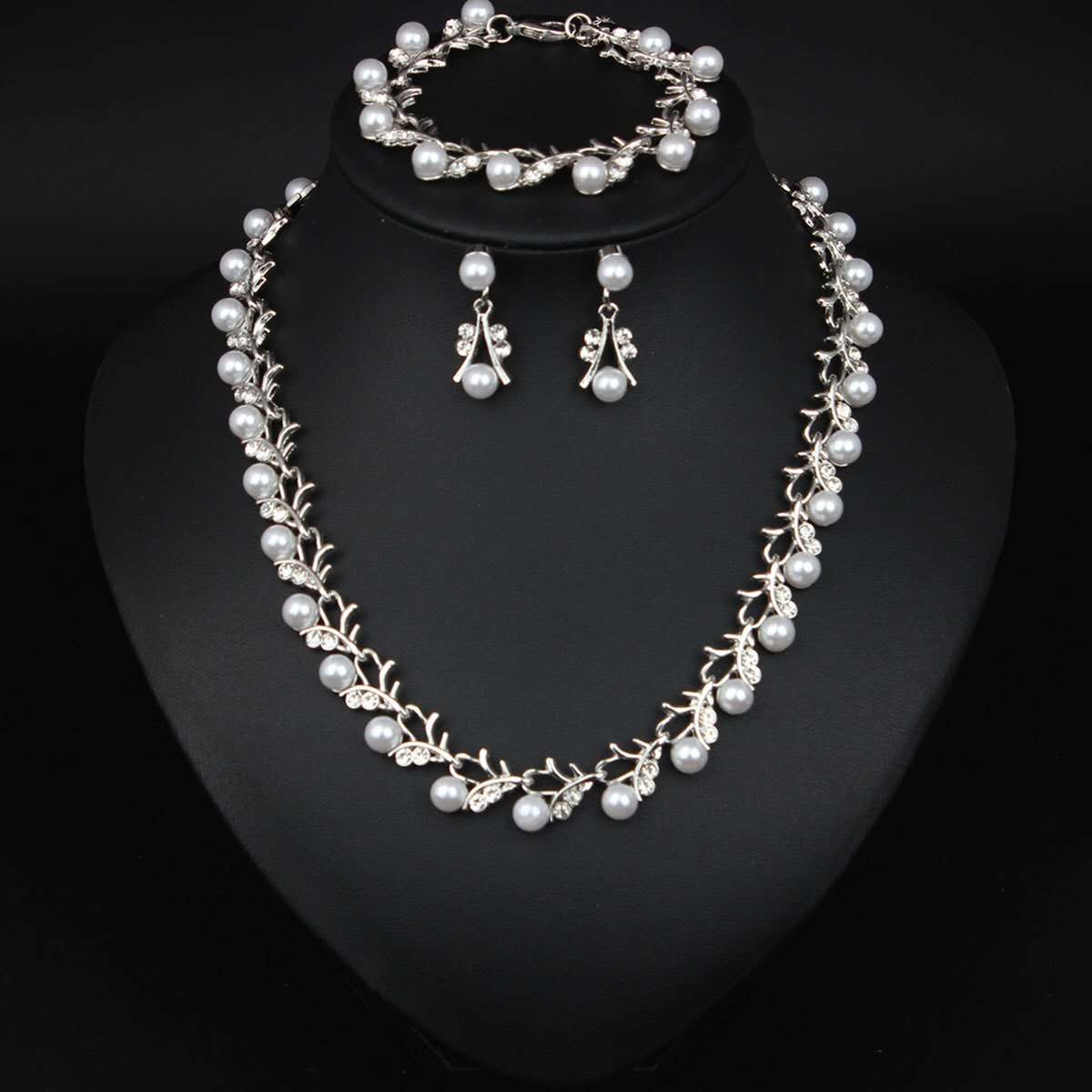 3Pcs Faux Pearl Crystal Bridal Jewelry Set Gold/Silver Plated Necklace Bracelet Earrings