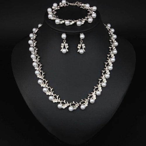 3Pcs Faux Pearl Crystal Bridal Jewelry Set Gold/Silver Plated Necklace Bracelet Earrings