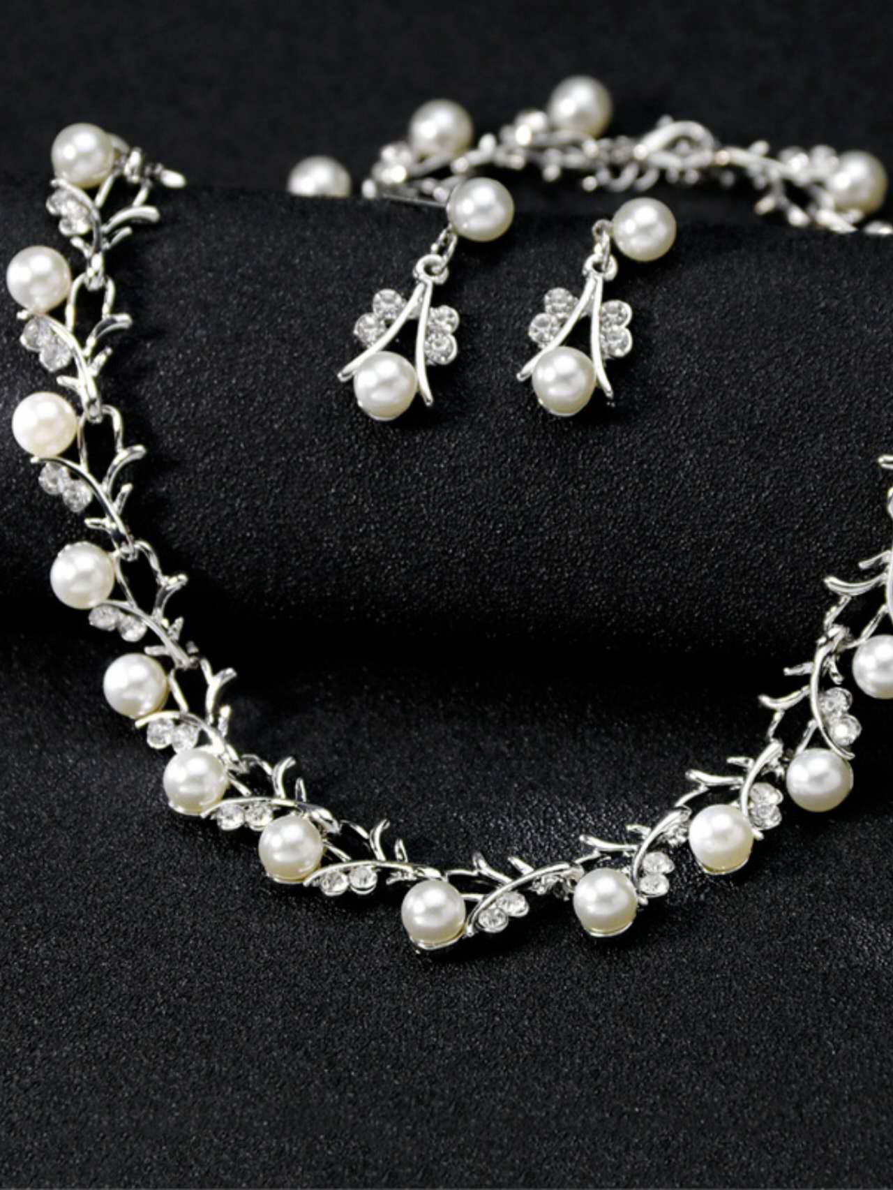3Pcs Faux Pearl Crystal Bridal Jewelry Set Gold/Silver Plated Necklace Bracelet Earrings