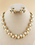 2Pcs Faux Pearl & Blue Rhinestone Jewelry Set Necklace Earrings Gold Plated Hypoallergenic