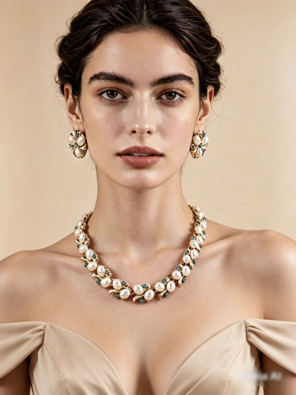 2Pcs Faux Pearl & Blue Rhinestone Jewelry Set Necklace Earrings Gold Plated Hypoallergenic