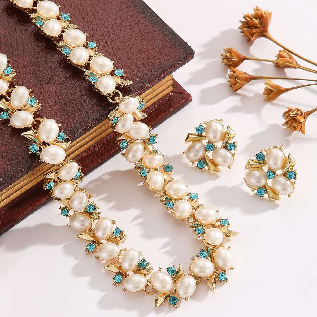 2Pcs Faux Pearl & Blue Rhinestone Jewelry Set Necklace Earrings Gold Plated Hypoallergenic