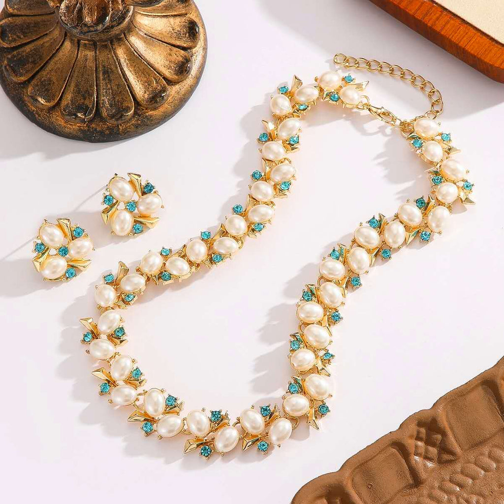2Pcs Faux Pearl & Blue Rhinestone Jewelry Set Necklace Earrings Gold Plated Hypoallergenic