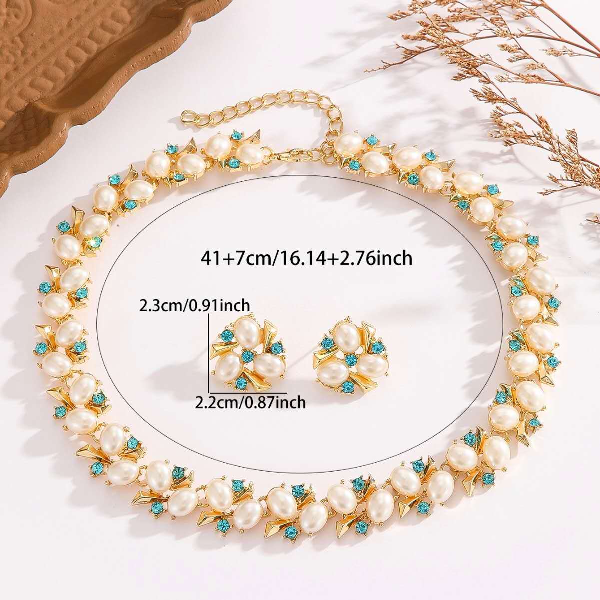 2Pcs Faux Pearl & Blue Rhinestone Jewelry Set Necklace Earrings Gold Plated Hypoallergenic
