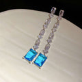 Long Drop Blue Emerald Cut Cubic Zirconia Tassel Earrings Silver Plated Hypoallergenic Bridal Earrings