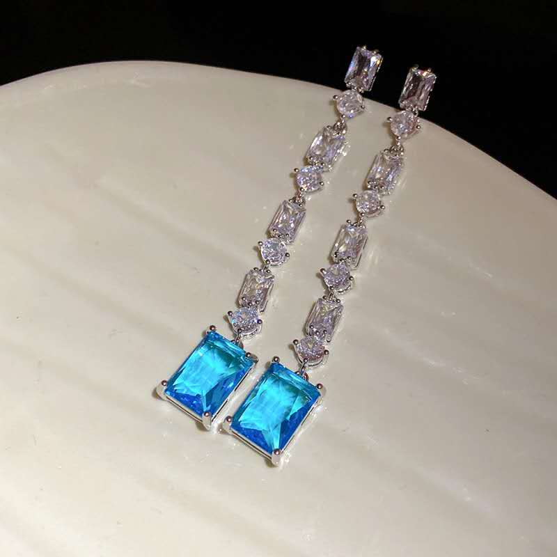 Long Drop Blue Emerald Cut Cubic Zirconia Tassel Earrings Silver Plated Hypoallergenic Bridal Earrings