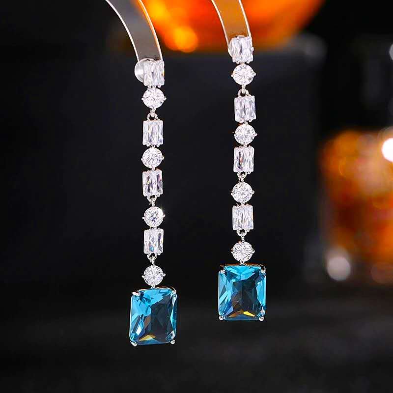 Long Drop Blue Emerald Cut Cubic Zirconia Tassel Earrings Silver Plated Hypoallergenic Bridal Earrings