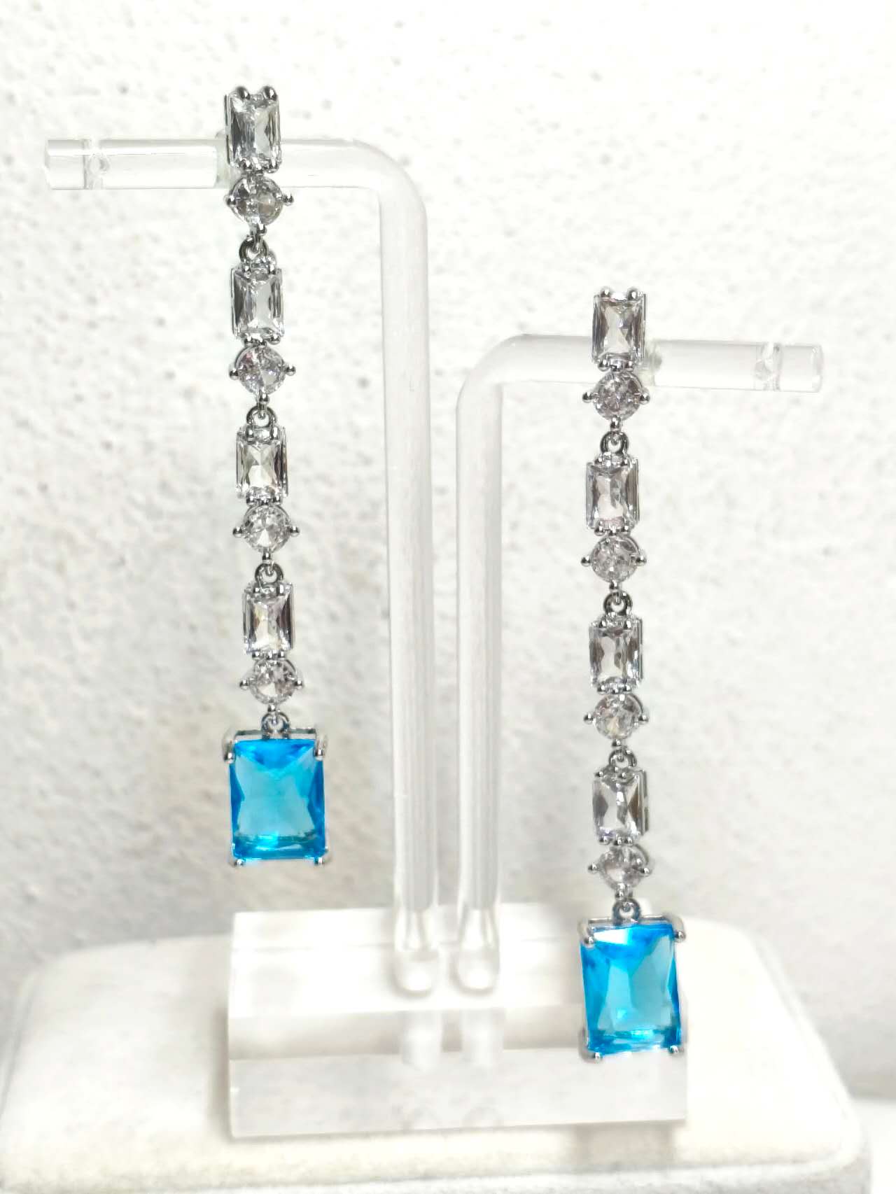 Long Drop Blue Emerald Cut Cubic Zirconia Tassel Earrings Silver Plated Hypoallergenic Bridal Earrings