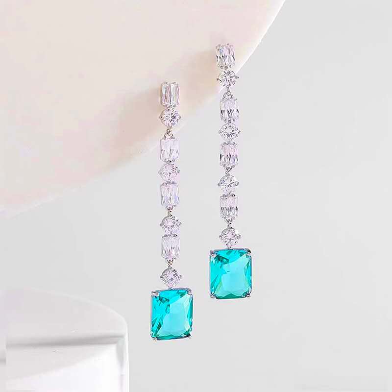 Long Drop Blue Emerald Cut Cubic Zirconia Tassel Earrings Silver Plated Hypoallergenic Bridal Earrings
