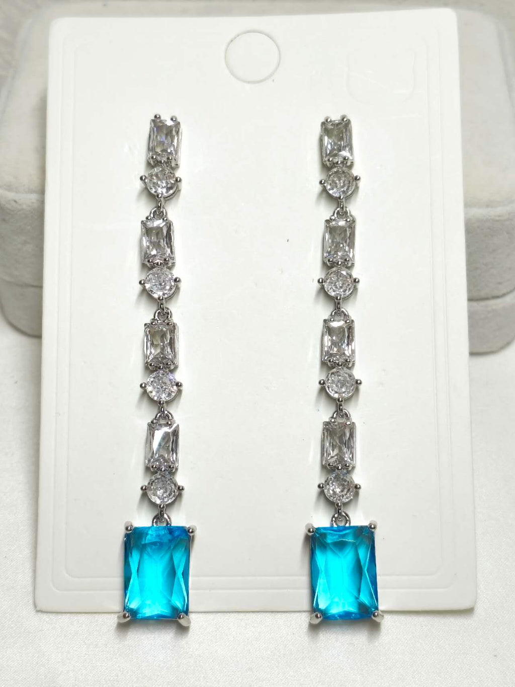 Long Drop Blue Emerald Cut Cubic Zirconia Tassel Earrings Silver Plated Hypoallergenic Bridal Earrings