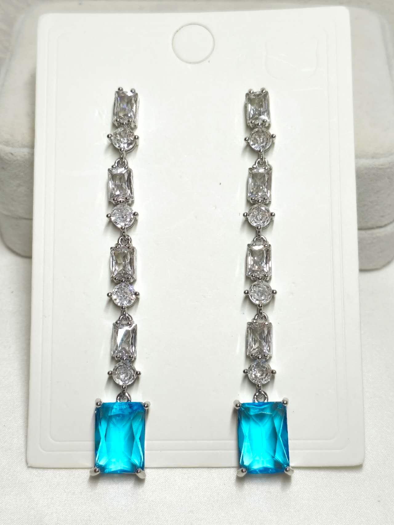 Long Drop Blue Emerald Cut Cubic Zirconia Tassel Earrings Silver Plated Hypoallergenic Bridal Earrings