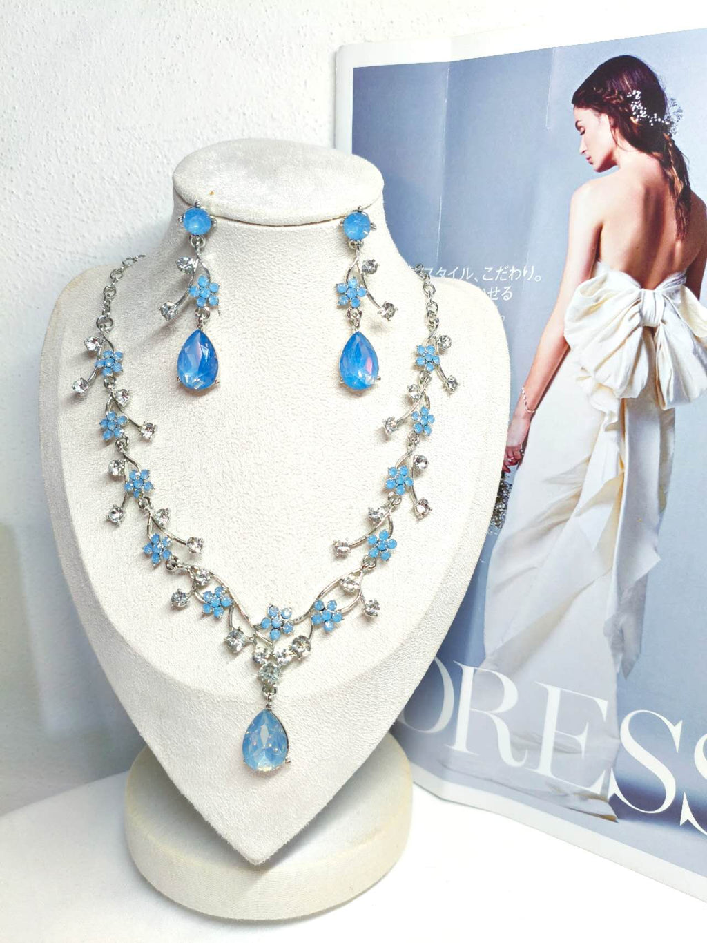 2Pcs Blue Floral Teardrop CZ Jewelry Set Necklace Earrings Silver Plated Bridal