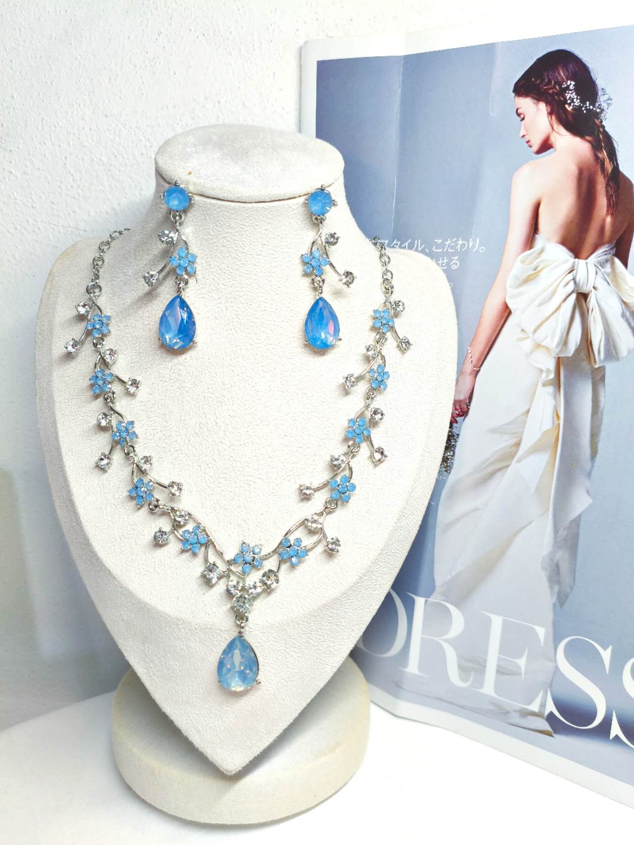 2Pcs Blue Floral Teardrop CZ Jewelry Set Necklace Earrings Silver Plated Bridal