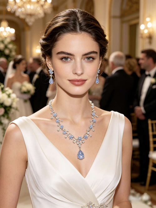 2Pcs Blue Floral Teardrop CZ Jewelry Set Necklace Earrings Silver Plated Bridal