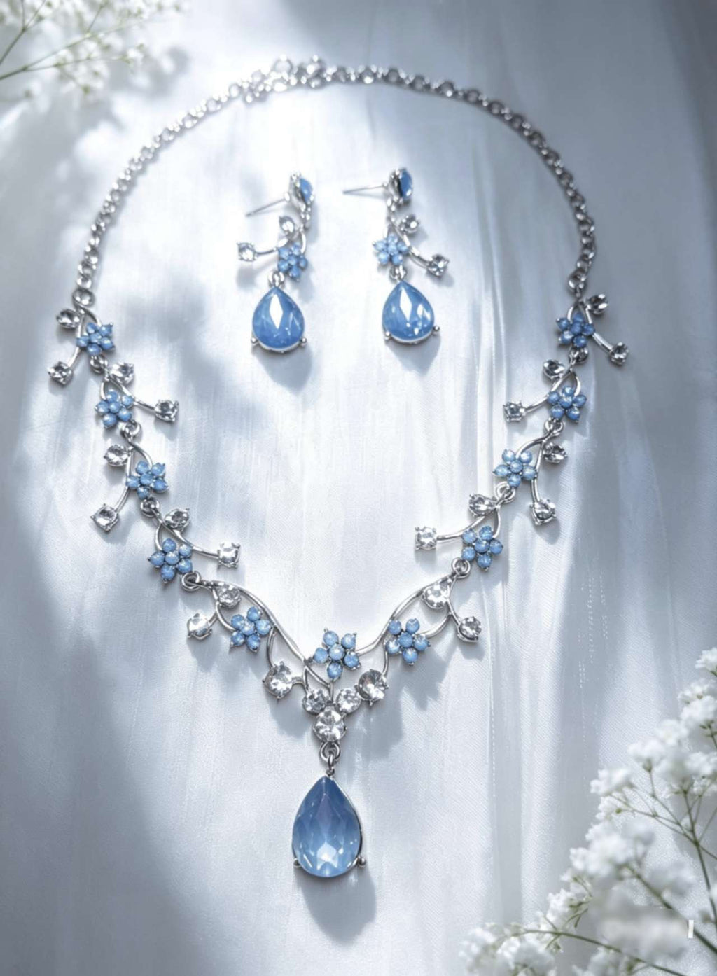 2Pcs Blue Floral Teardrop CZ Jewelry Set Necklace Earrings Silver Plated Bridal