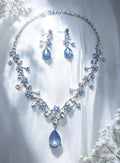 2Pcs Blue Floral Teardrop CZ Jewelry Set Necklace Earrings Silver Plated Bridal