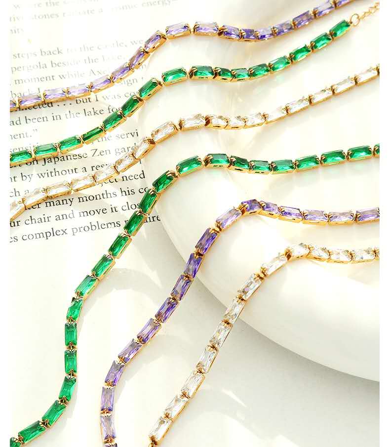 Stainless Steel Baguette Cut CZ Tennis Bracelet, Gold Plated Colorful Crystal Bracelet