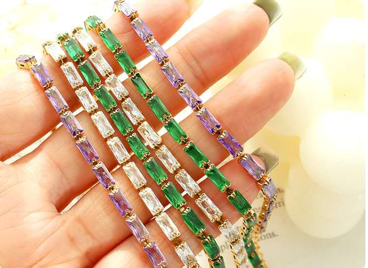 Stainless Steel Baguette Cut CZ Tennis Bracelet, Gold Plated Colorful Crystal Bracelet
