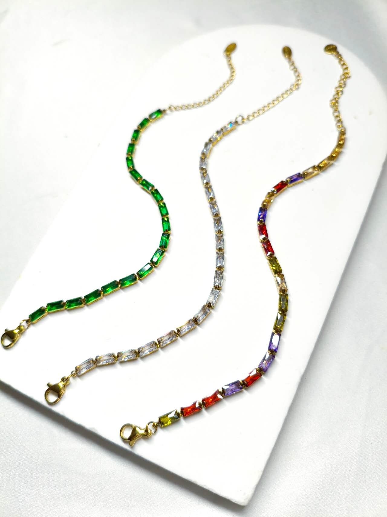 Stainless Steel Baguette Cut CZ Tennis Bracelet, Gold Plated Colorful Crystal Bracelet