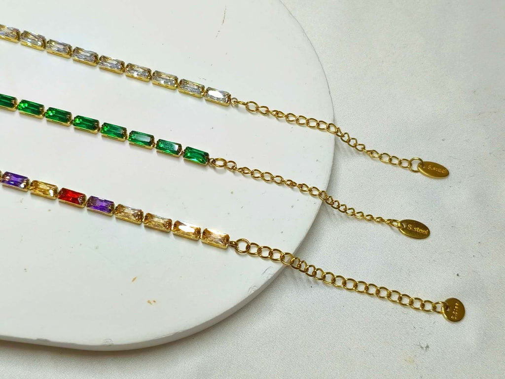 Stainless Steel Baguette Cut CZ Tennis Bracelet, Gold Plated Colorful Crystal Bracelet