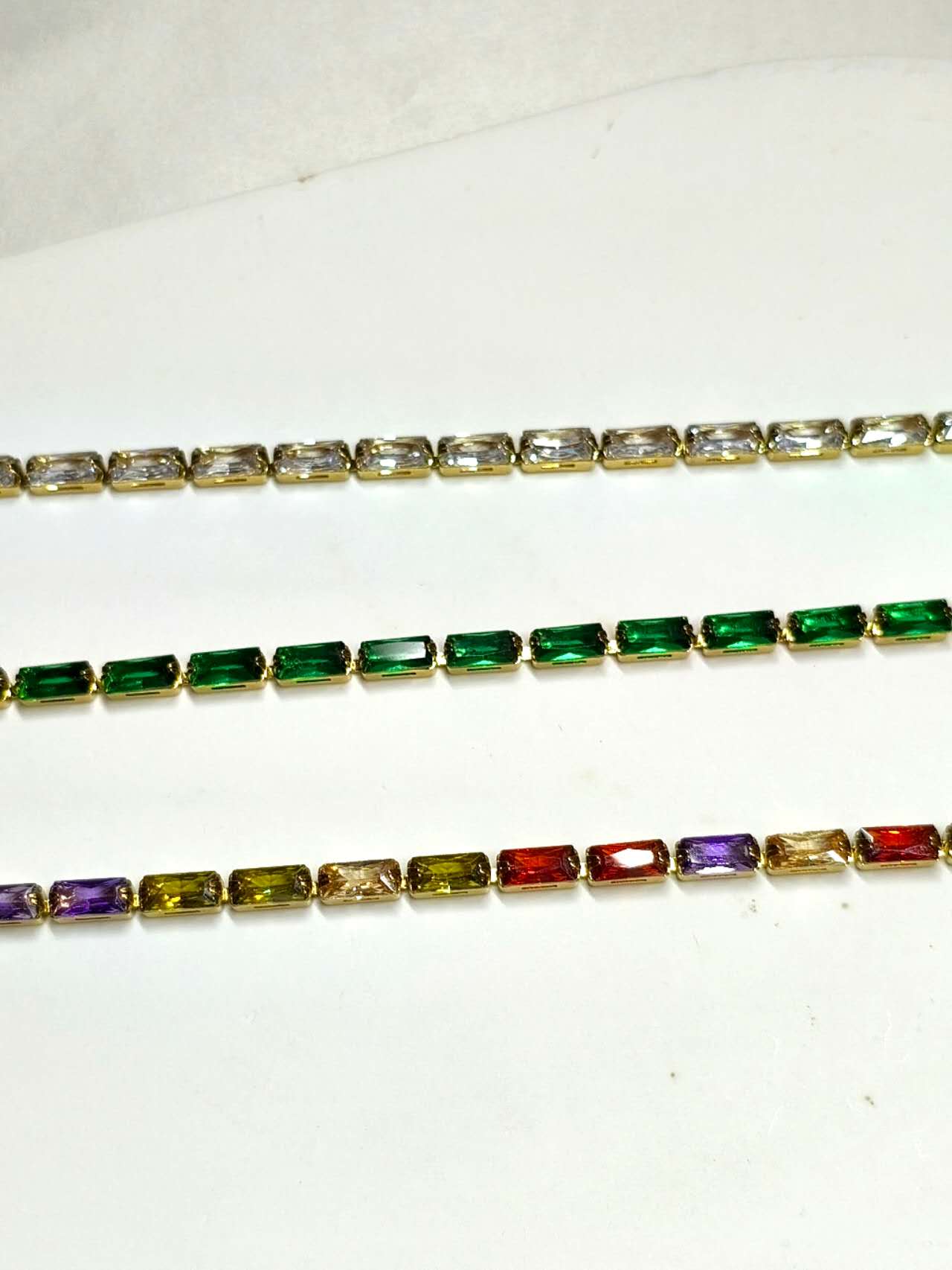 Stainless Steel Baguette Cut CZ Tennis Bracelet, Gold Plated Colorful Crystal Bracelet