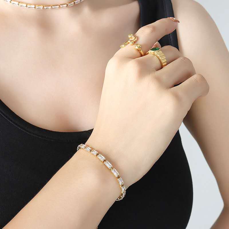 Stainless Steel Baguette Cut CZ Tennis Bracelet, Gold Plated Colorful Crystal Bracelet