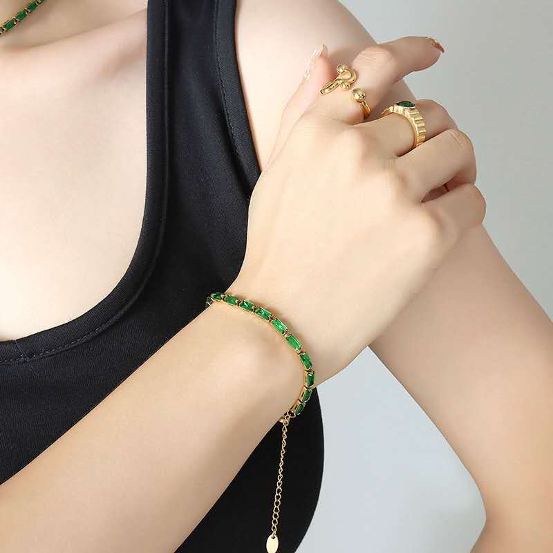 Stainless Steel Baguette Cut CZ Tennis Bracelet, Gold Plated Colorful Crystal Bracelet