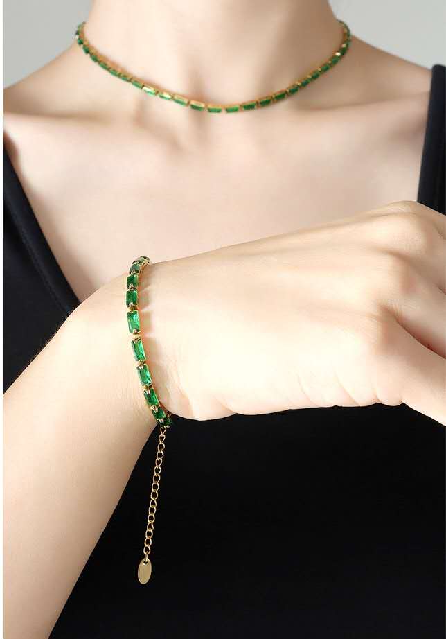 Stainless Steel Baguette Cut CZ Tennis Bracelet, Gold Plated Colorful Crystal Bracelet