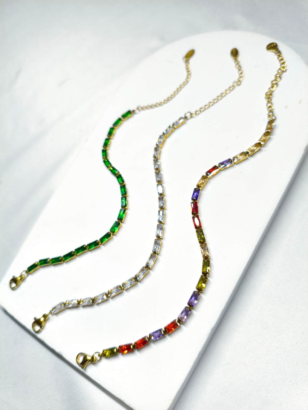 Stainless Steel Baguette Cut CZ Tennis Bracelet, Gold Plated Colorful Crystal Bracelet