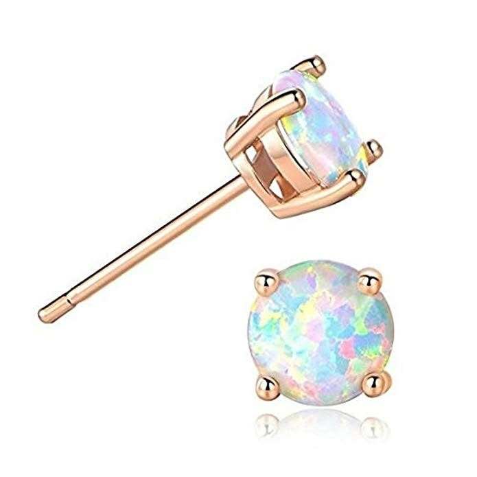 Round Created Opal Stud Earrings White Gold Plated Hypoallergenic Four Prong Ear