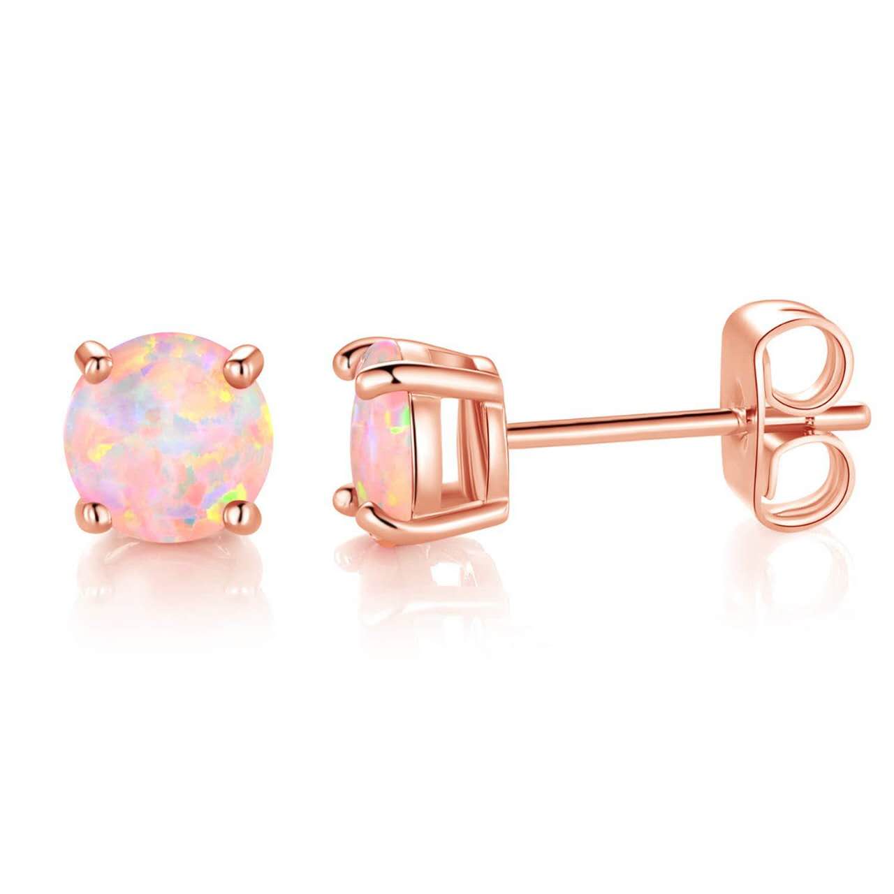 Round Created Opal Stud Earrings White Gold Plated Hypoallergenic Four Prong Ear