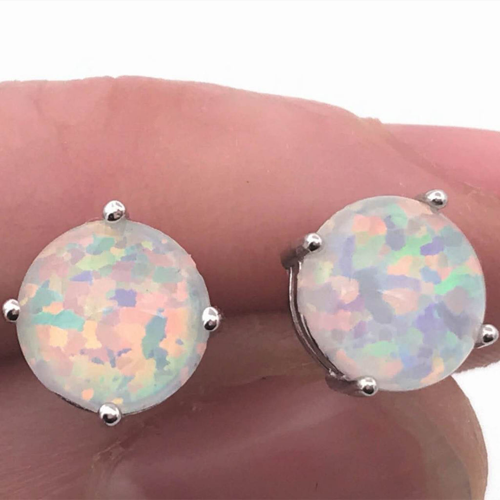 Round Created Opal Stud Earrings White Gold Plated Hypoallergenic Four Prong Ear