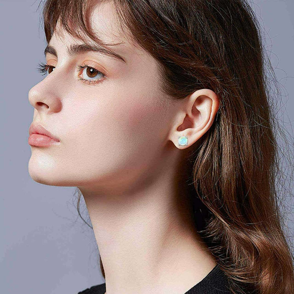 Round Created Opal Stud Earrings White Gold Plated Hypoallergenic Four Prong Ear