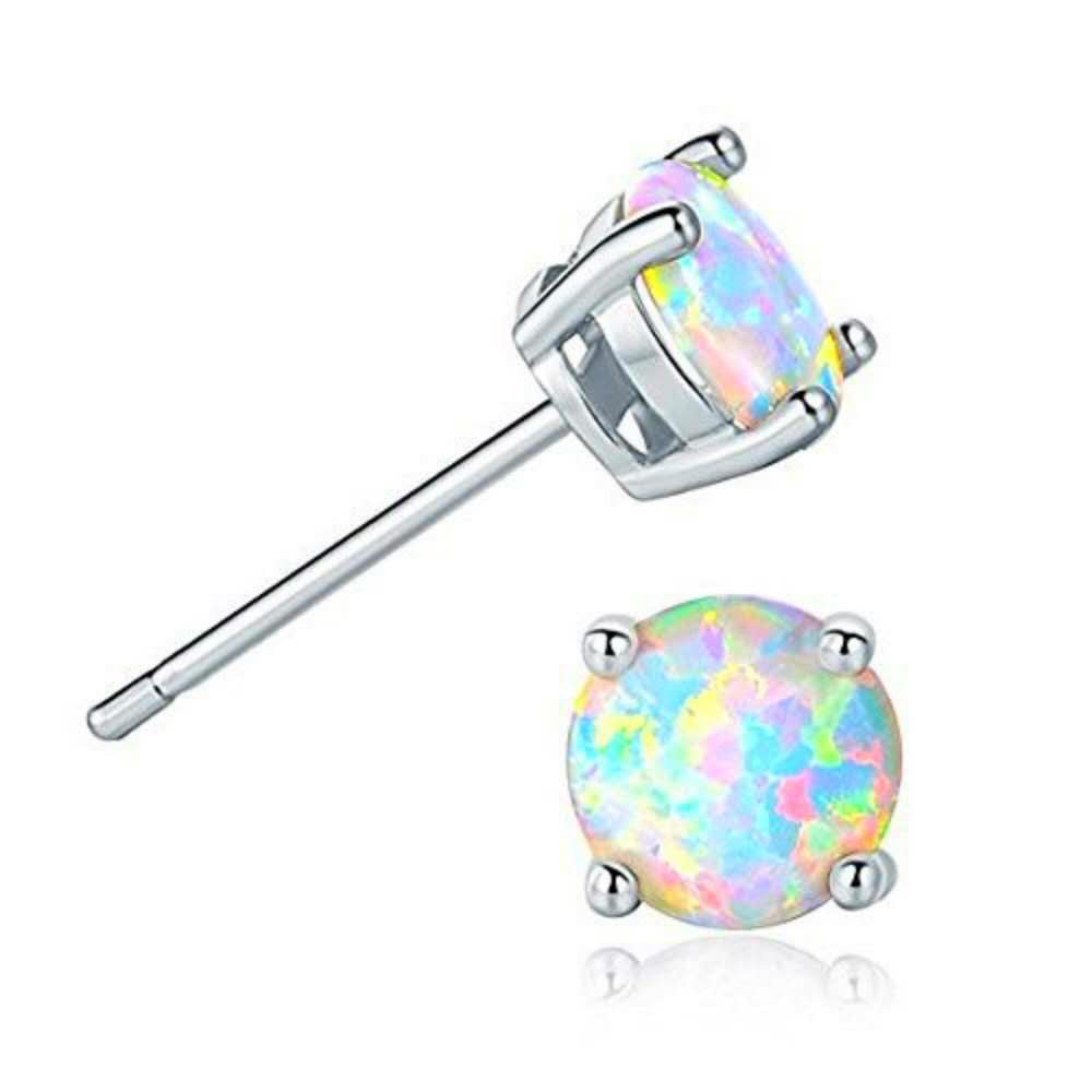Round Created Opal Stud Earrings White Gold Plated Hypoallergenic Four Prong Ear