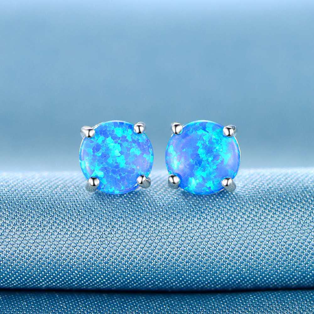 Round Created Opal Stud Earrings White Gold Plated Hypoallergenic Four Prong Ear