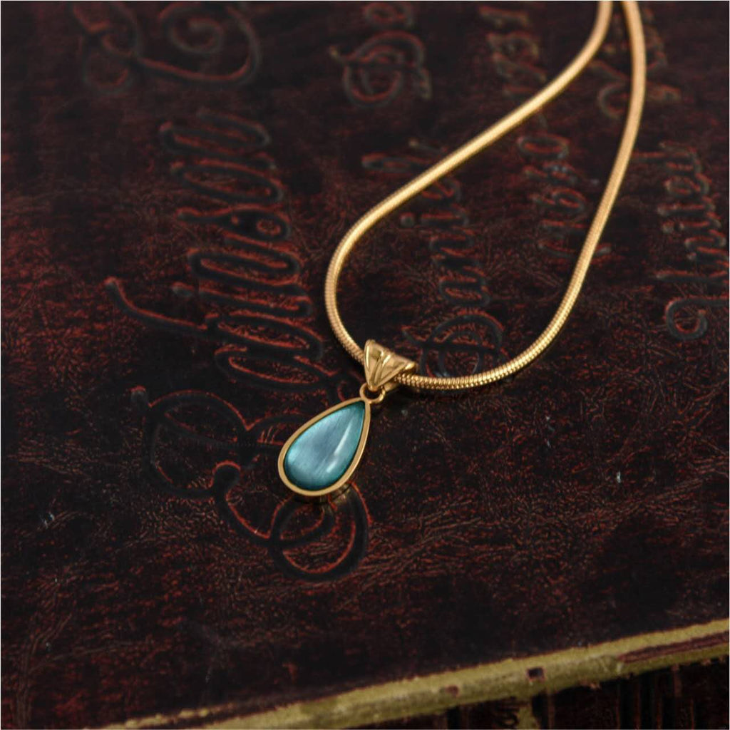 18K Gold Plated Titanium Steel Teardrop Blue Stone Pendant Necklace, Ocean Star Dainty Snake Chain