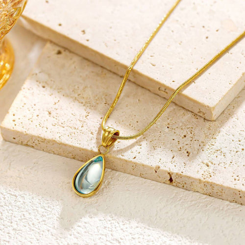 18K Gold Plated Titanium Steel Teardrop Blue Stone Pendant Necklace, Ocean Star Dainty Snake Chain