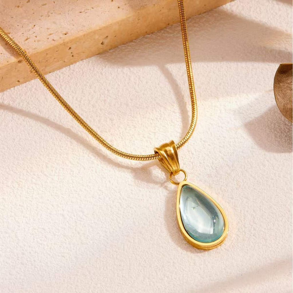 18K Gold Plated Titanium Steel Teardrop Blue Stone Pendant Necklace, Ocean Star Dainty Snake Chain
