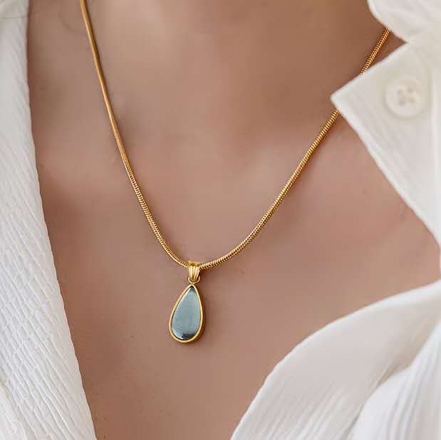18K Gold Plated Titanium Steel Teardrop Blue Stone Pendant Necklace, Ocean Star Dainty Snake Chain