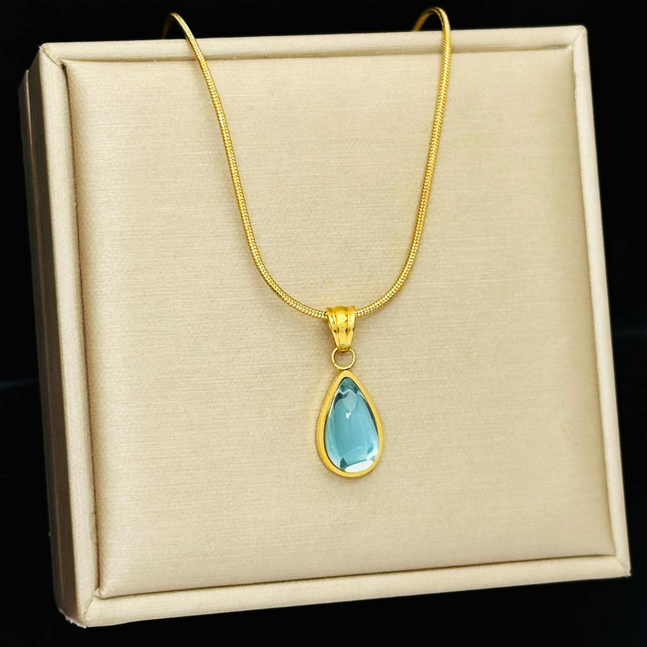 18K Gold Plated Titanium Steel Teardrop Blue Stone Pendant Necklace, Ocean Star Dainty Snake Chain