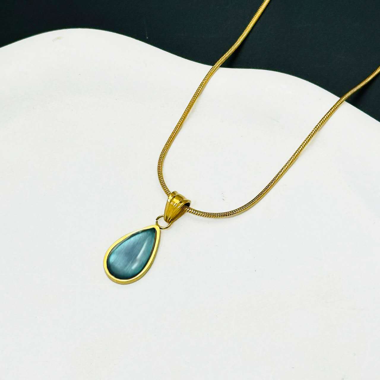 18K Gold Plated Titanium Steel Teardrop Blue Stone Pendant Necklace, Ocean Star Dainty Snake Chain