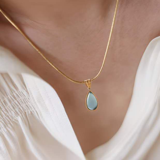 18K Gold Plated Titanium Steel Teardrop Blue Stone Pendant Necklace, Ocean Star Dainty Snake Chain
