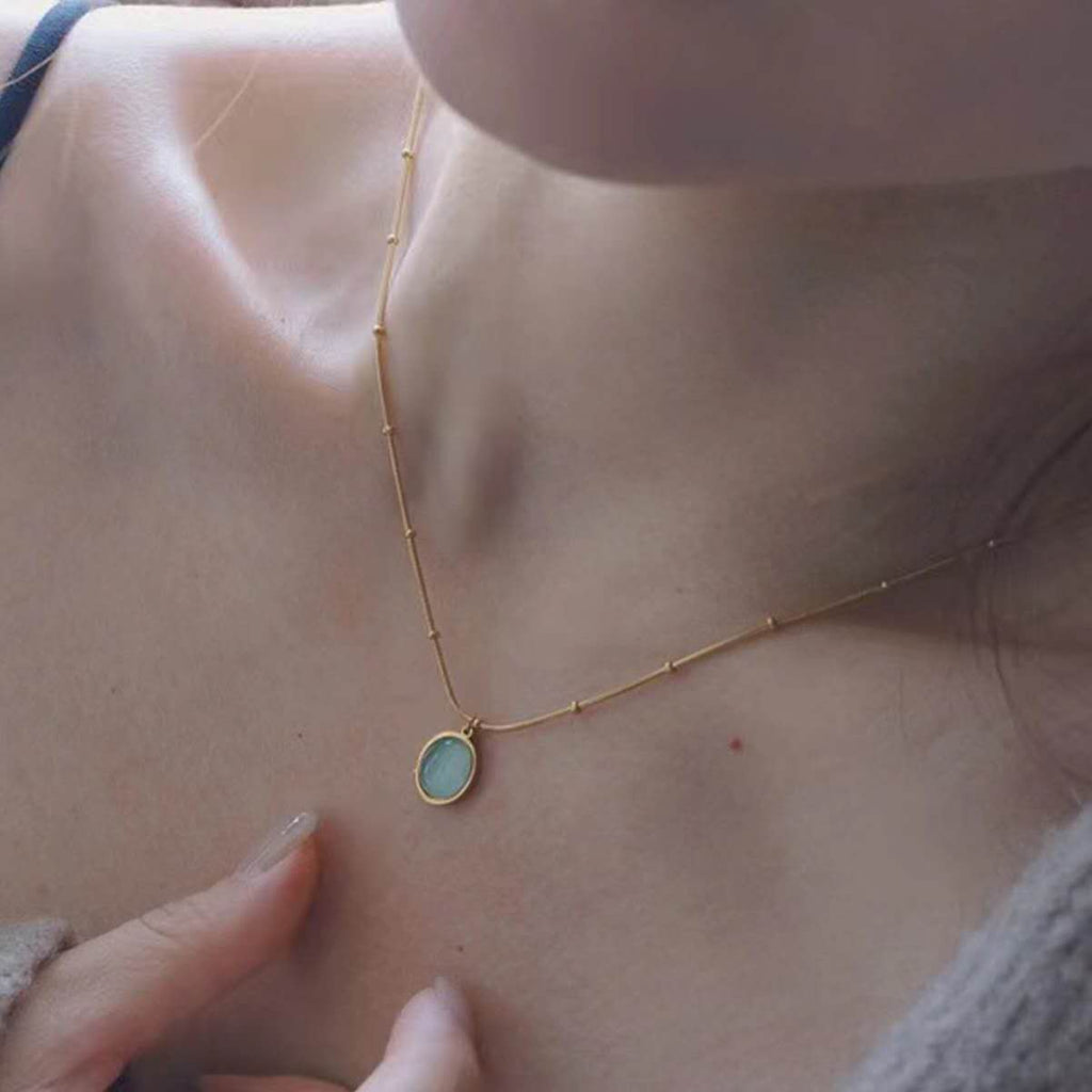 Gold Plated Stainless Steel Cat's Eye Stone Pendant Necklace, Beaded Snake Chain, Dainty Layering