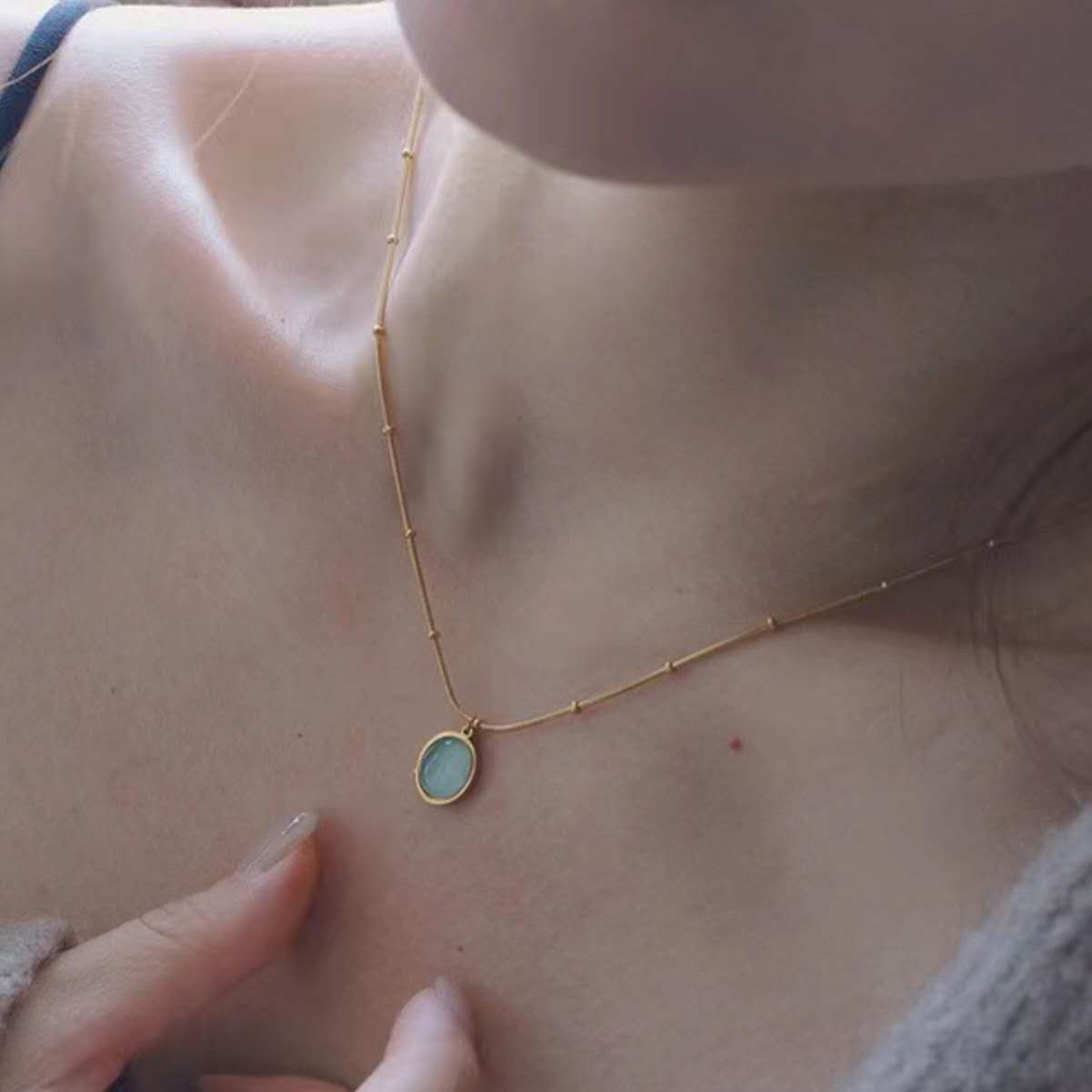 Gold Plated Stainless Steel Cat's Eye Stone Pendant Necklace, Beaded Snake Chain, Dainty Layering