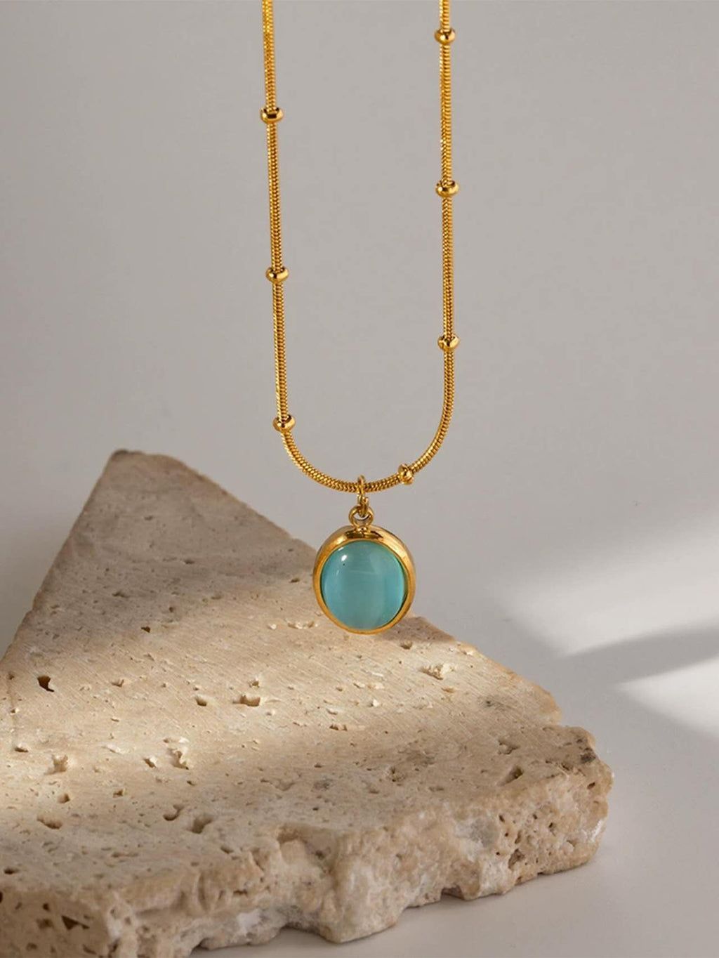 Gold Plated Stainless Steel Cat's Eye Stone Pendant Necklace, Beaded Snake Chain, Dainty Layering