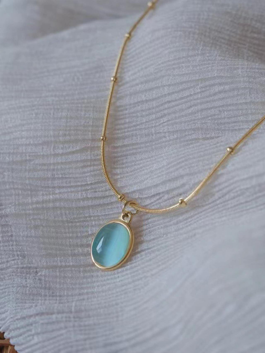 Gold Plated Stainless Steel Cat's Eye Stone Pendant Necklace, Beaded Snake Chain, Dainty Layering