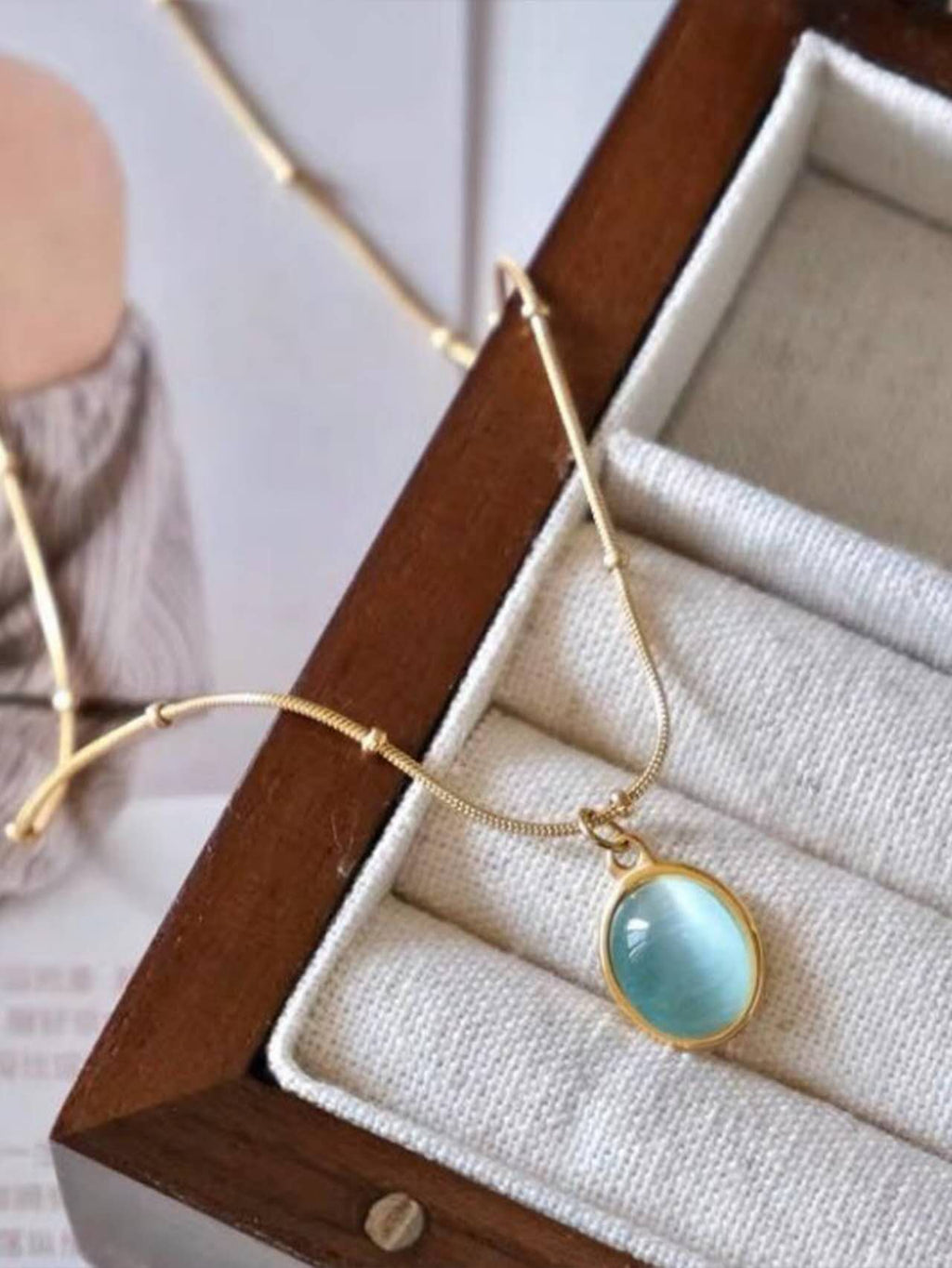 Gold Plated Stainless Steel Cat's Eye Stone Pendant Necklace, Beaded Snake Chain, Dainty Layering