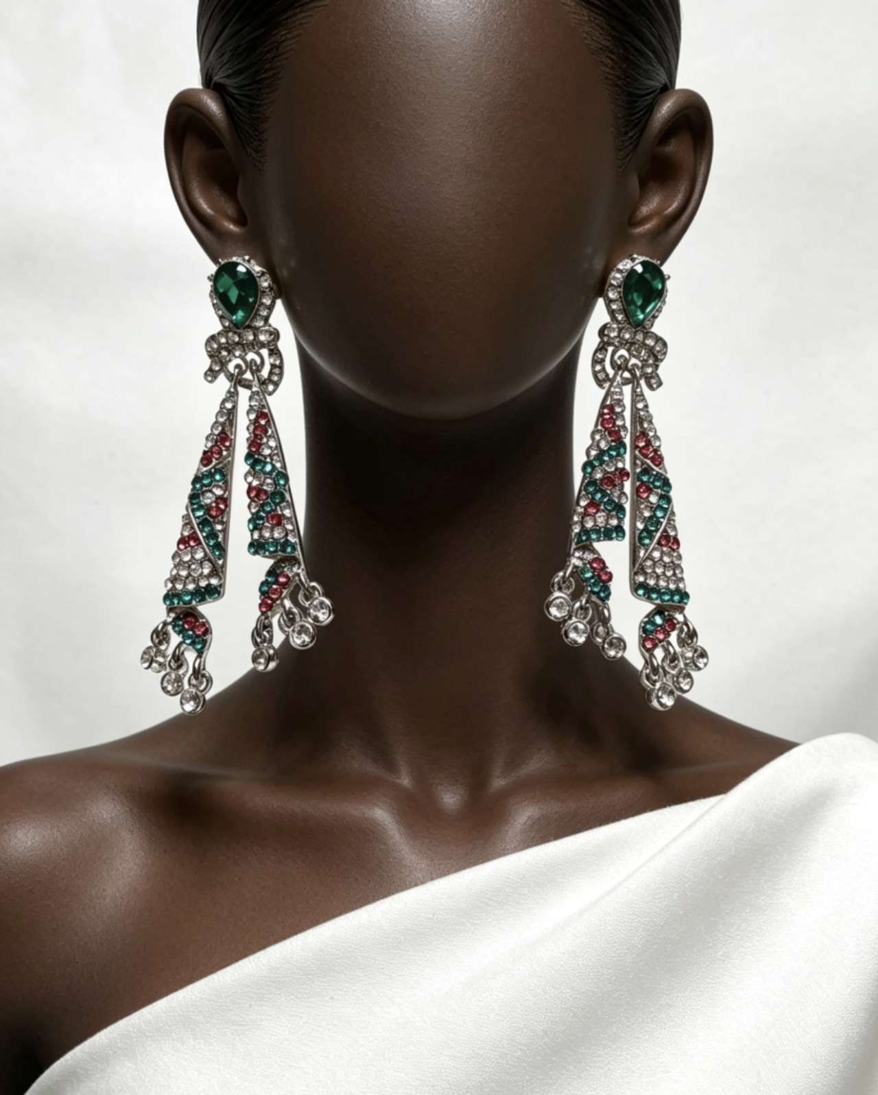Vintage Multicolor Crystal Tassel Drop Earrings, Emerald & Ruby Accents, Silver Plated Hypoallergenic