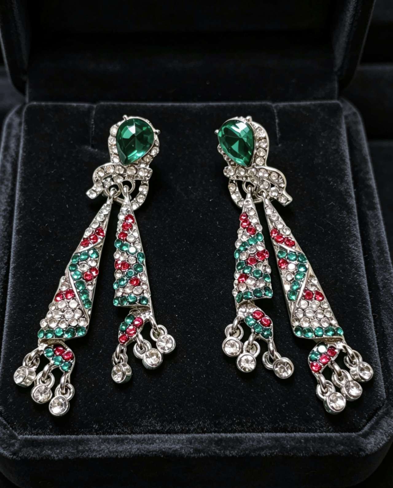Vintage Multicolor Crystal Tassel Drop Earrings, Emerald & Ruby Accents, Silver Plated Hypoallergenic