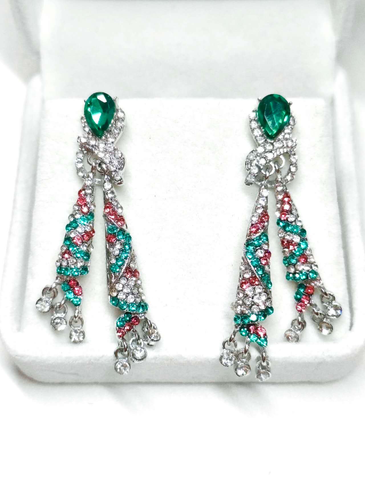 Vintage Multicolor Crystal Tassel Drop Earrings, Emerald & Ruby Accents, Silver Plated Hypoallergenic